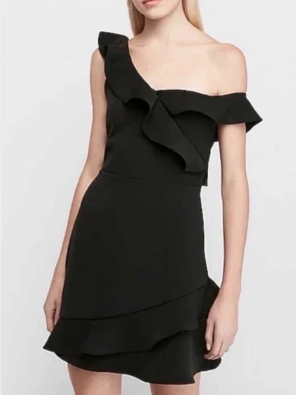 Express Black One-Shoulder Ruffle Dress